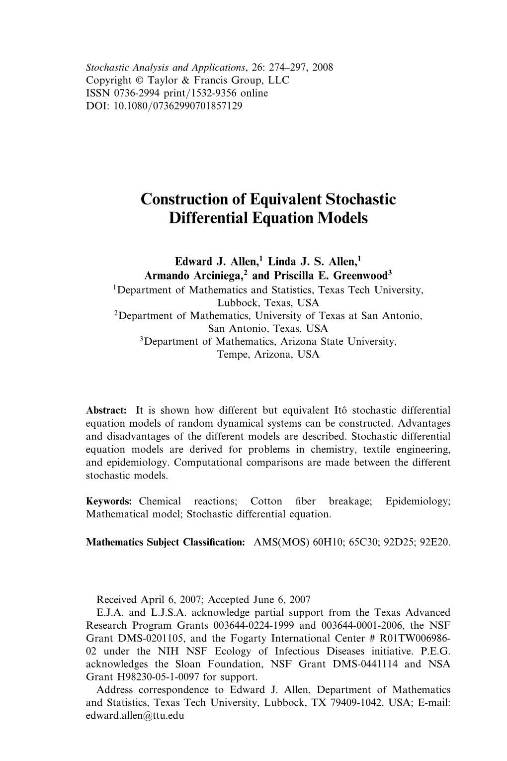 Construction of Equivalent Stochastic Differential Equation Models