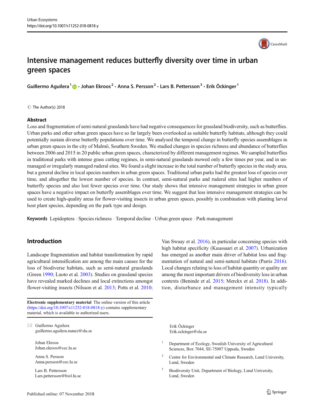 Intensive Management Reduces Butterfly Diversity Over Time in Urban Green Spaces