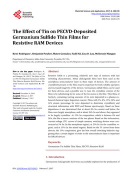 The Effect of Tin on PECVD-Deposited Germanium Sulfide Thin Films for Resistive RAM Devices