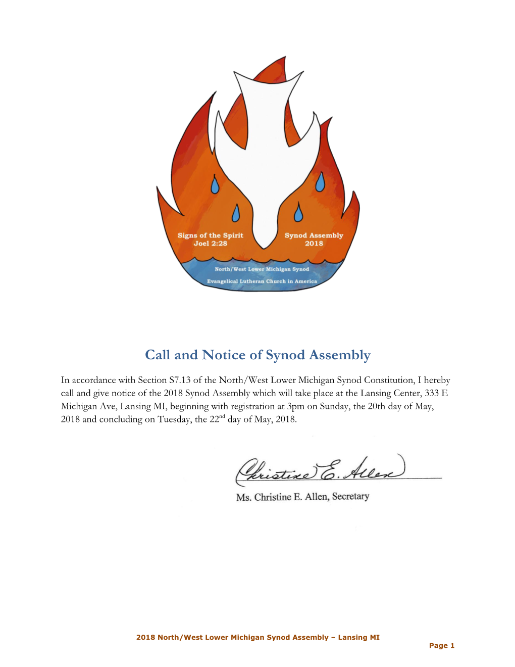 Call and Notice of Synod Assembly