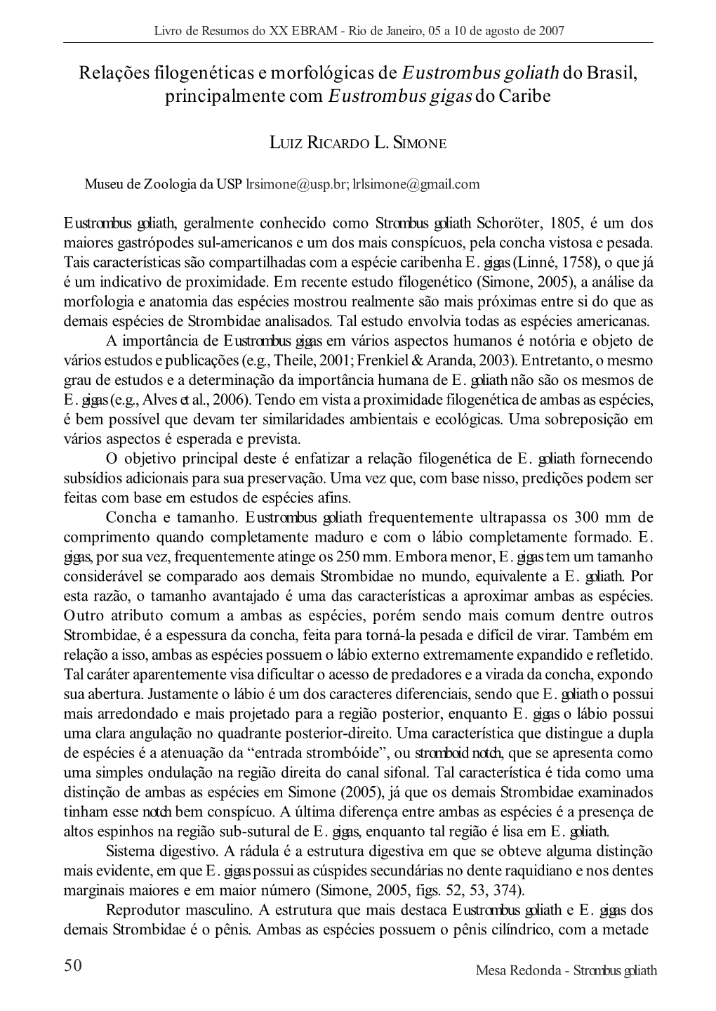Livro De Resumos Do XX EBRAM - Rio De Janeiro, 05 a 10 De Agosto De 2007