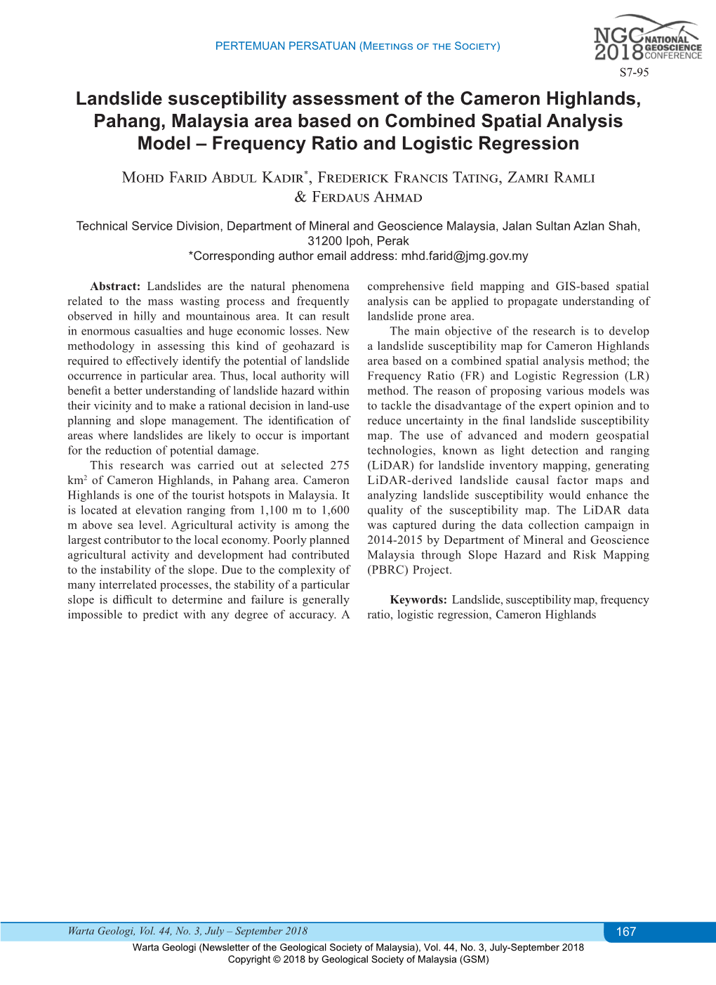 Abstract: Landslide Susceptibility Assessment of the Cameron