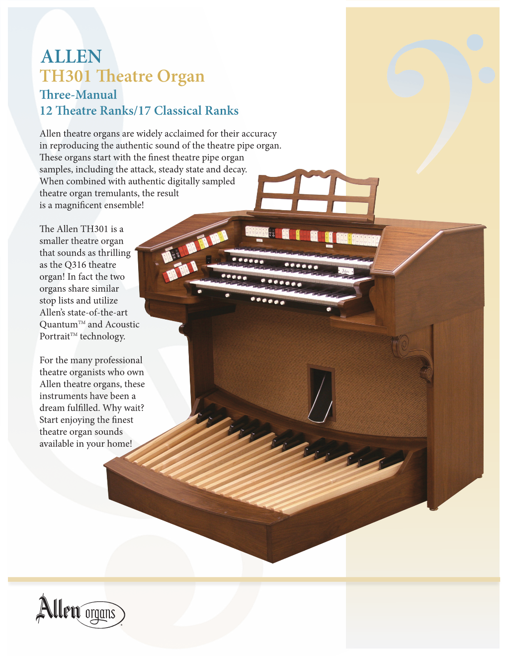 TH301 Theatre Organ Three-Manual 12 Theatre Ranks/17 Classical Ranks