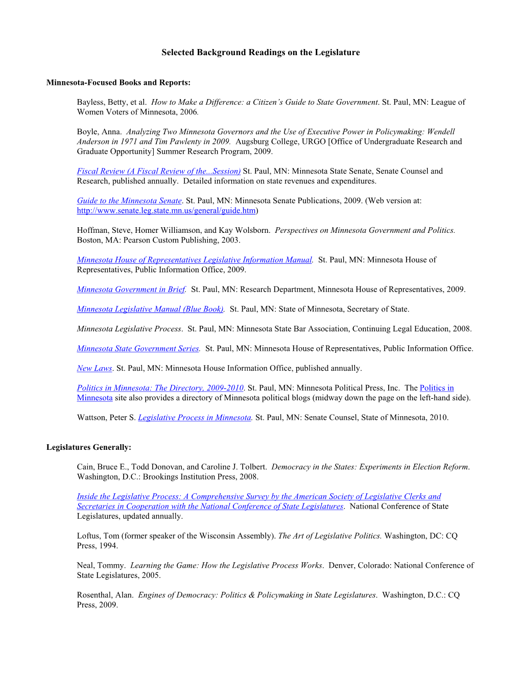 Background Readings on the Legislature