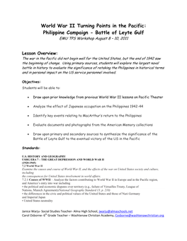 World War II Turning Points in the Pacific: Philippine Campaign - Battle of Leyte Gulf EMU TPS Workshop August 8 – 10, 2011