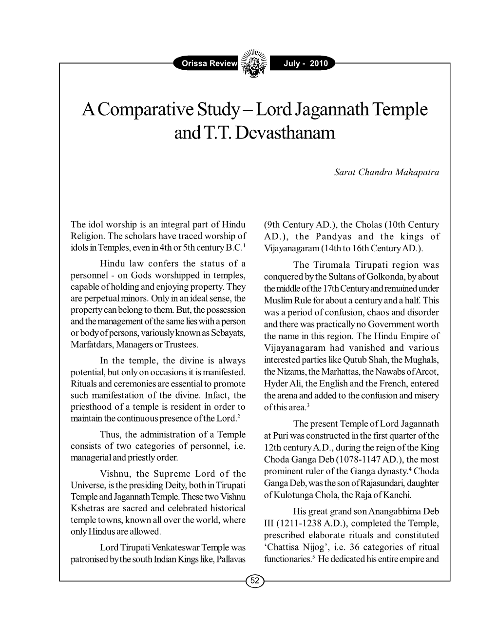 A Comparative Study – Lord Jagannath Temple and T.T