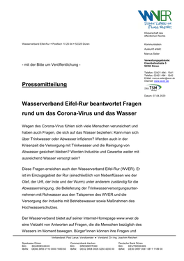 Pressemitteilung Wasserverband Eifel-Rur Beantwortet Fragen Rund Um Das Corona-Virus Und Das Wasser