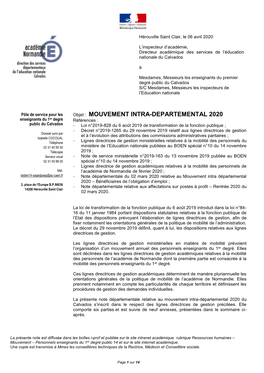 Objet : MOUVEMENT INTRA-DEPARTEMENTAL 2020