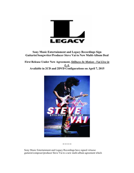Sony Music Entertainment and Legacy Recordings Sign Guitarist/Songwriter/Producer Steve Vai to New Multi-Album Deal