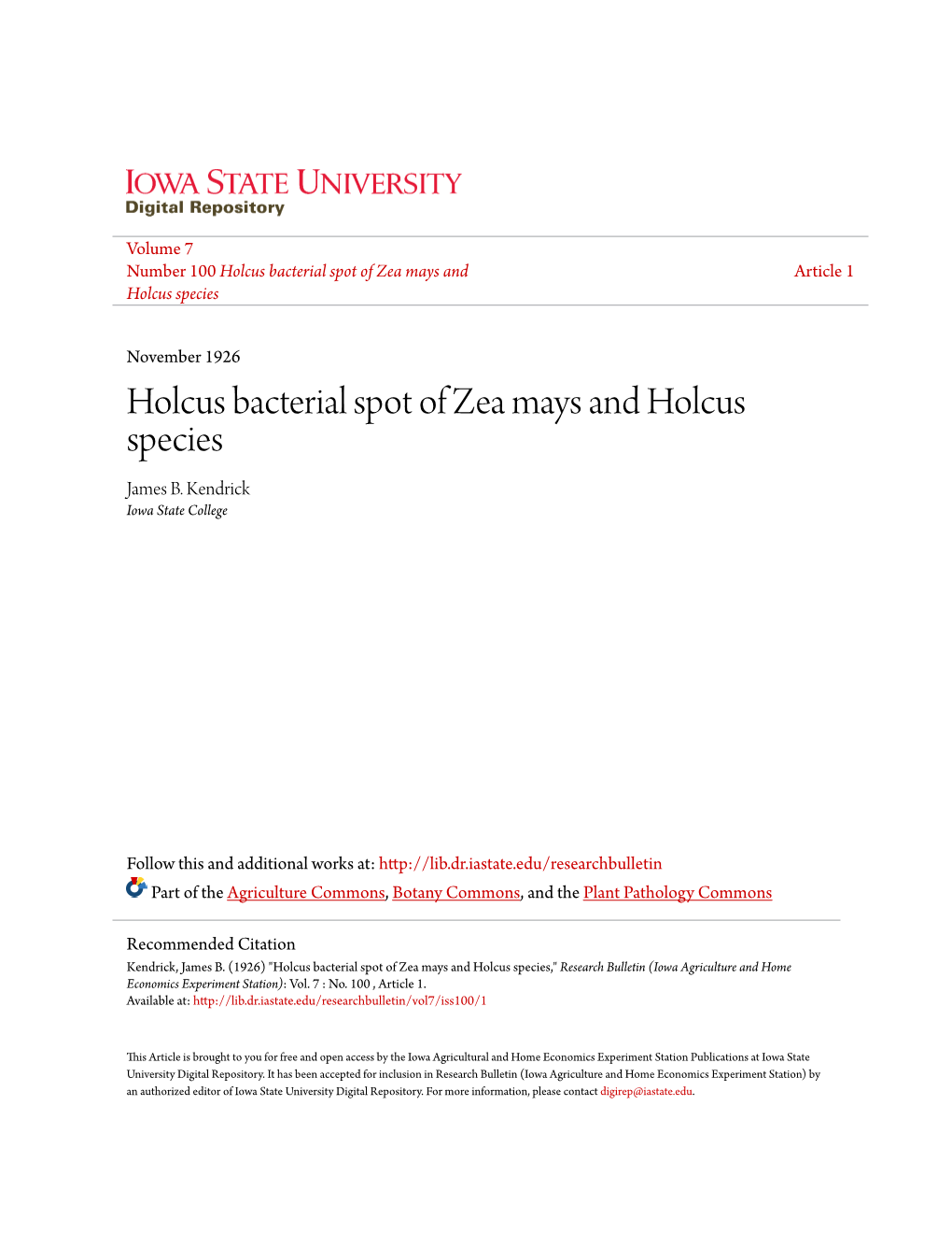 Holcus Bacterial Spot of Zea Mays and Holcus Species James B