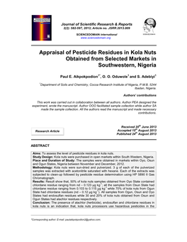 Appraisal of Pesticide Residues in Kola Nuts Obtained from Selected Markets in Southwestern, Nigeria