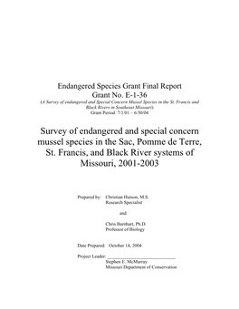 Survey of Endangered and Special Concern Mussel Species in the Sac, Pomme De Terre, St