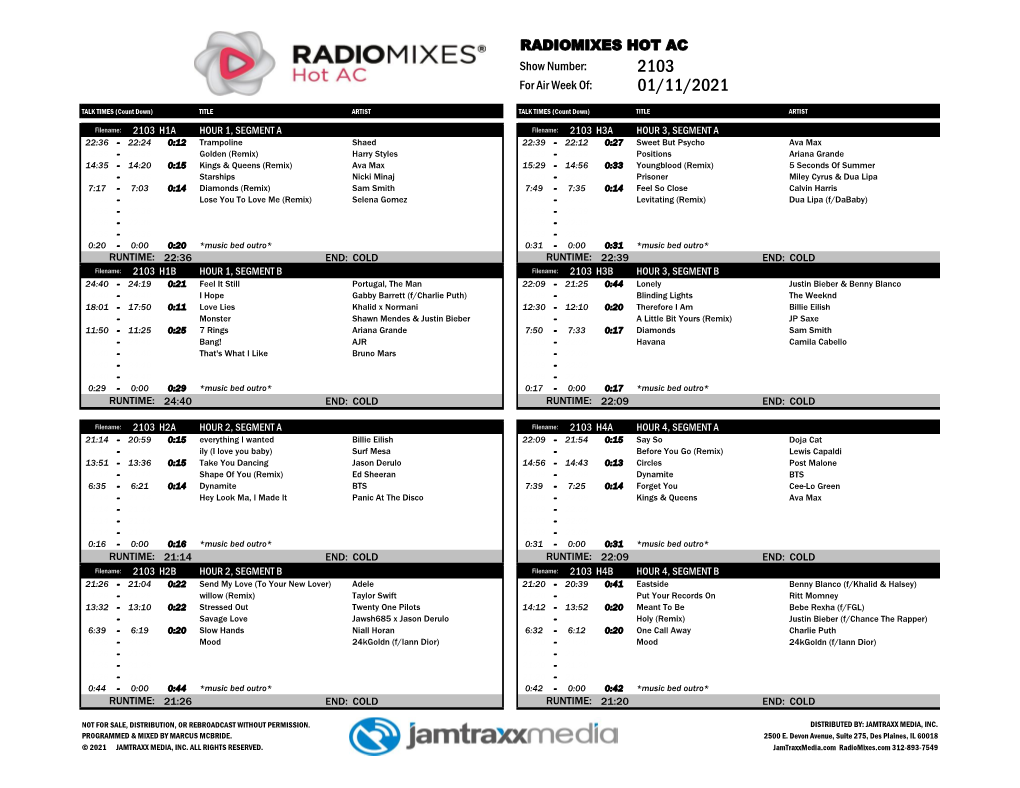 RADIOMIXES HOT AC Show Number: 2103 for Air Week Of: 01/11/2021