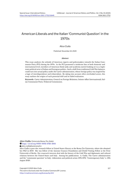 American Liberals and the Italian `Communist Question' in the 1970S