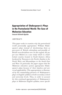 Appropriation of Shakespeare's Plays in the Postcolonial World