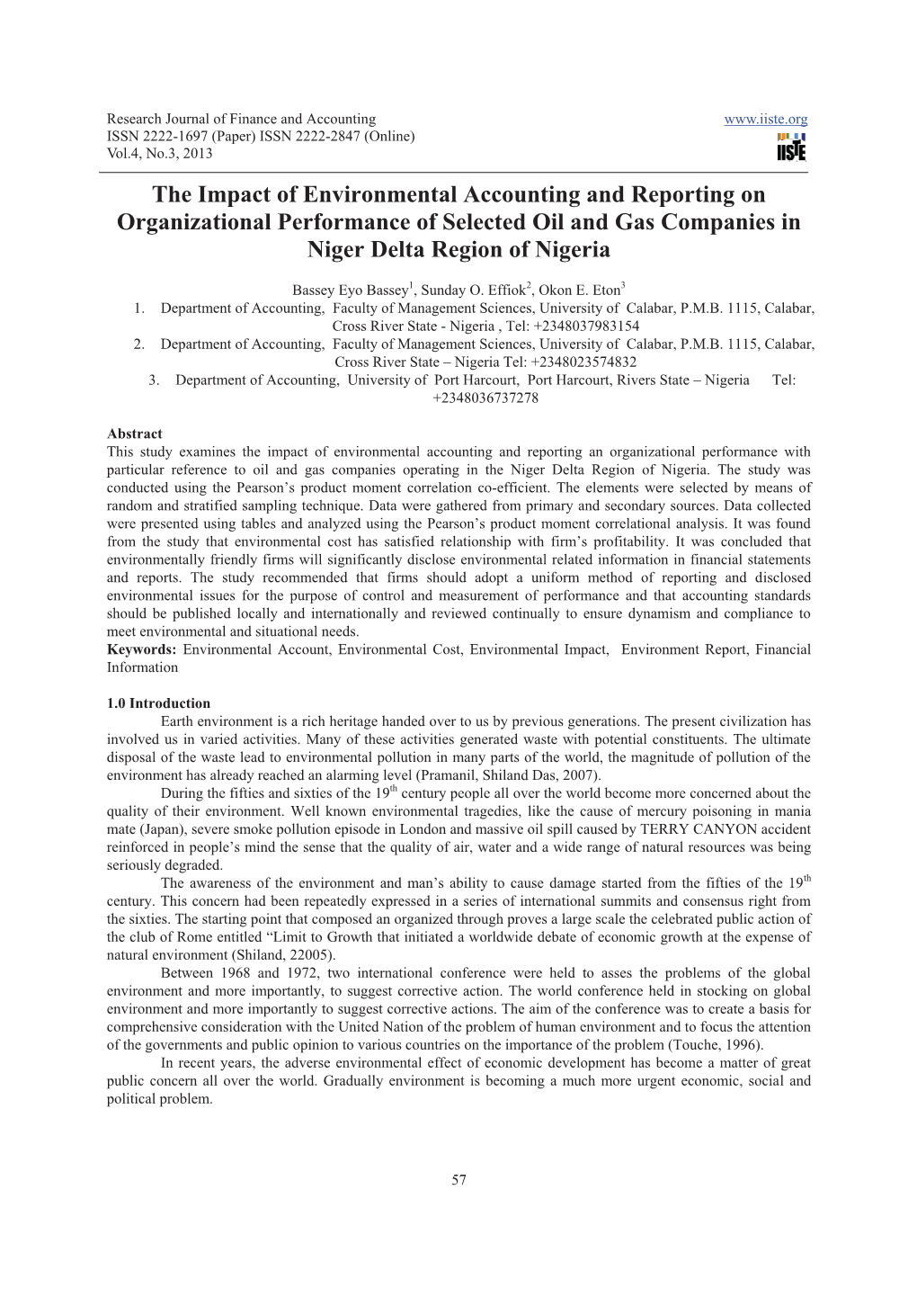 The Impact of Environmental Accounting and Reporting on Organizational Performance of Selected Oil and Gas Companies in Niger Delta Region of Nigeria