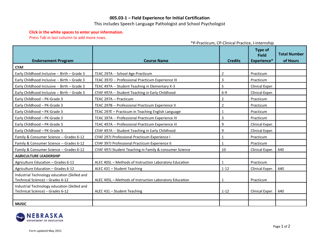 005.03-1 Field Experience for Initial Certification