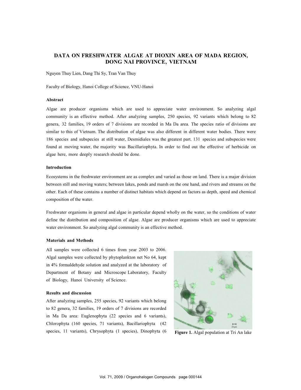 Data on Freshwater Algae at Dioxin Area of Mada Region, Dong Nai Province, Vietnam