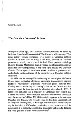 The Crown in a Democracy" Revisited