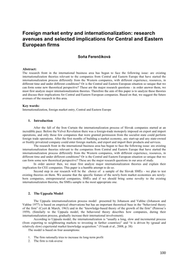 Foreign Market Entry and Internationalization: Research Avenues and Selected Implications for Central and Eastern European Firms