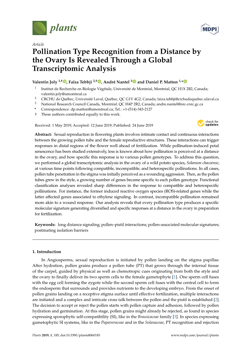 Pollination Type Recognition from a Distance by the Ovary Is Revealed Through a Global Transcriptomic Analysis