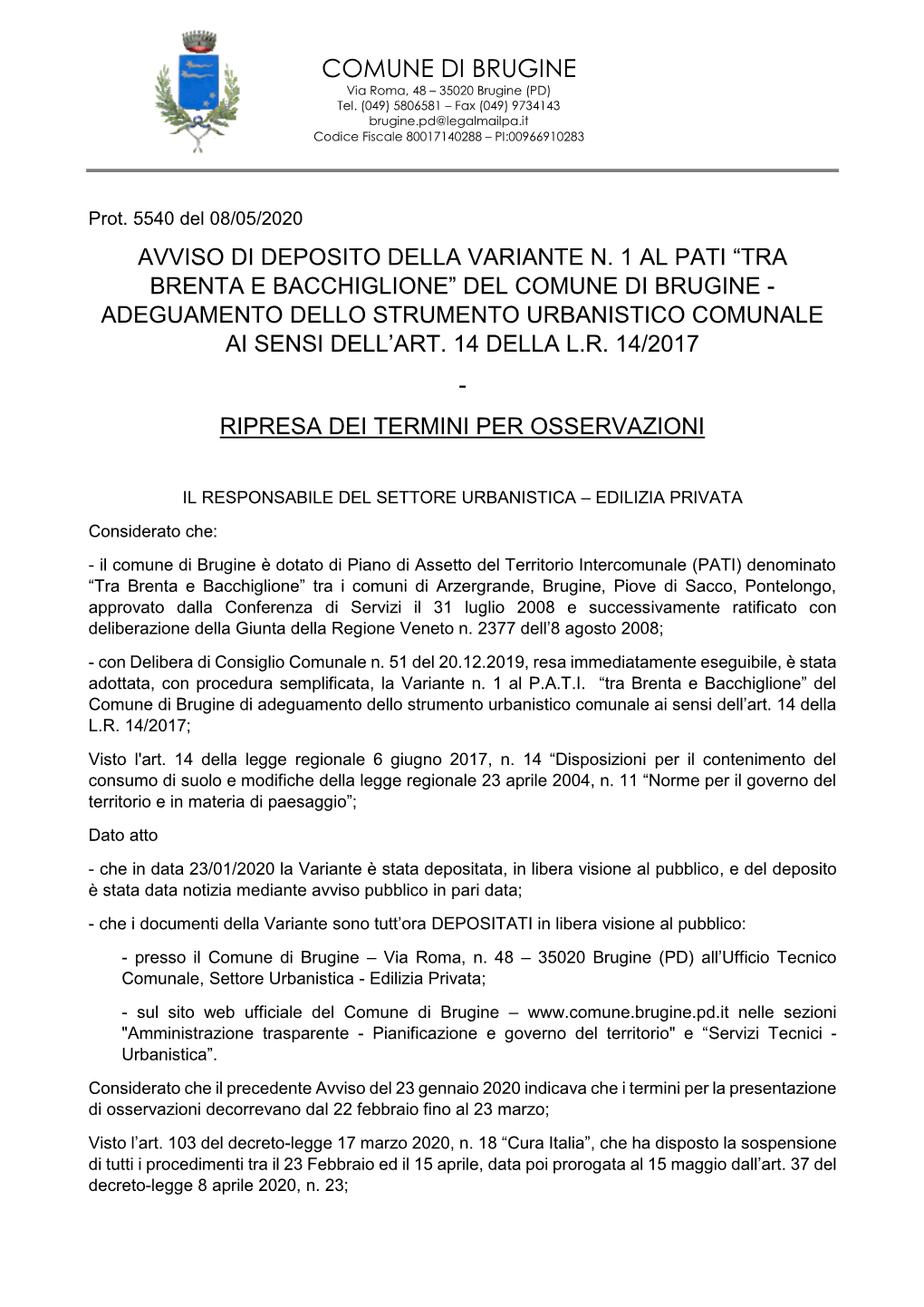 Del Comune Di Brugine - Adeguamento Dello Strumento Urbanistico Comunale Ai Sensi Dell’Art