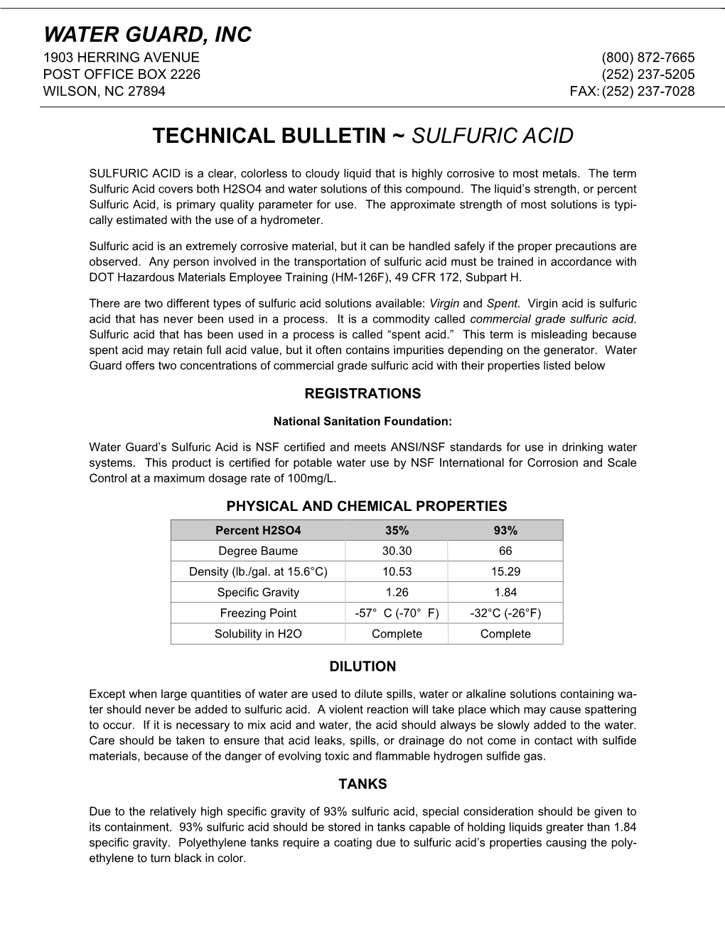 Water Guard, Inc Technical Bulletin ~ Sulfuric Acid