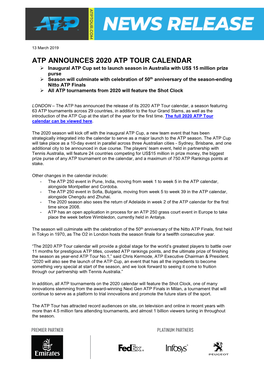 ATP Announces 2020 ATP Tour Calendar