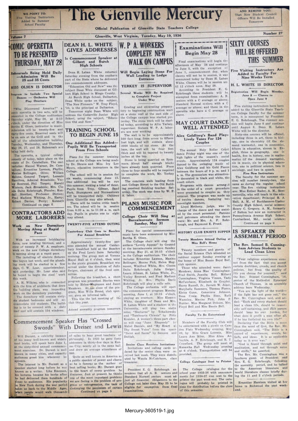 Ercury Officers Will Be Installed Tomorrow Official Publication of Glenville State Teachers College Number 27 Virginia, Tueaday, May 19, 1936 DEAN H