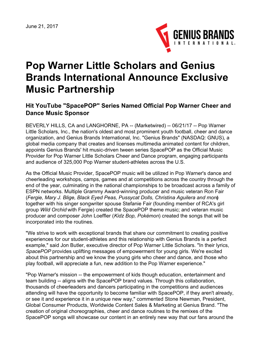 Pop Warner Little Scholars and Genius Brands International Announce Exclusive Music Partnership