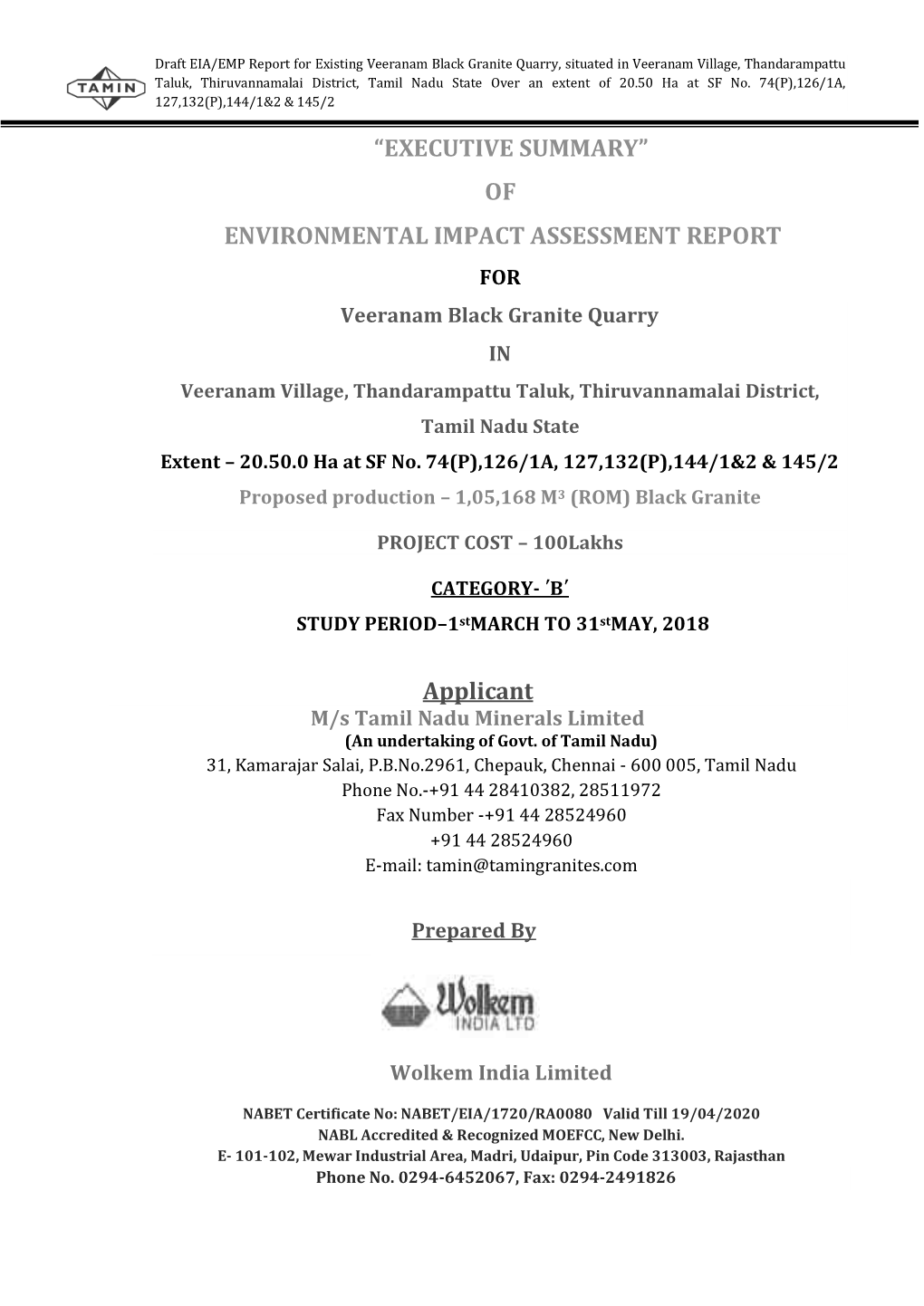 “EXECUTIVE SUMMARY” of ENVIRONMENTAL IMPACT ASSESSMENT REPORT Applicant