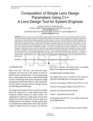 Computation of Simple Lens Design Parameters Using C++ a Lens Design Tool for System Engineer