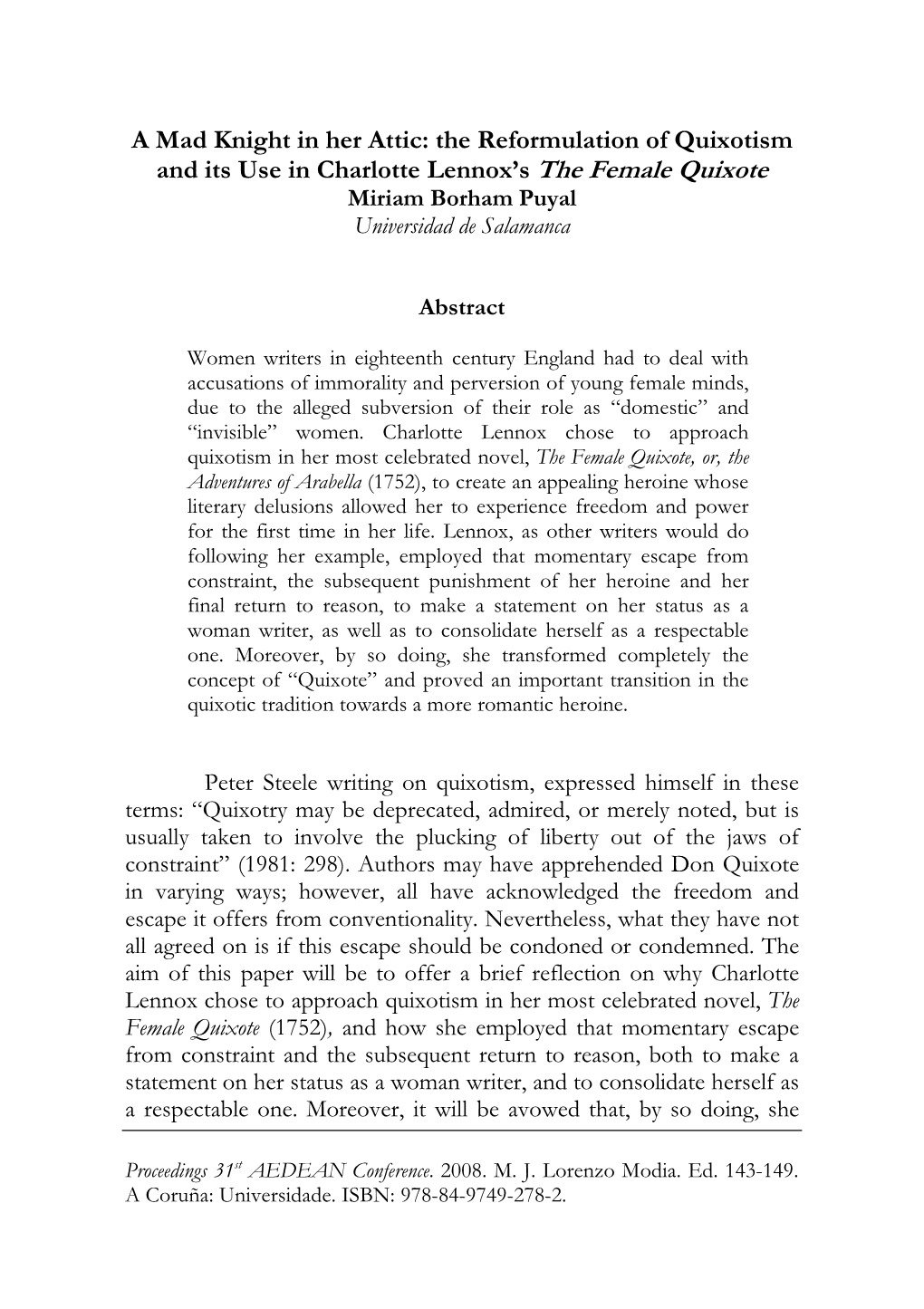 A Mad Knight in Her Attic: the Reformulation of Quixotism and Its Use in Charlotte Lennox's the Female Quixote