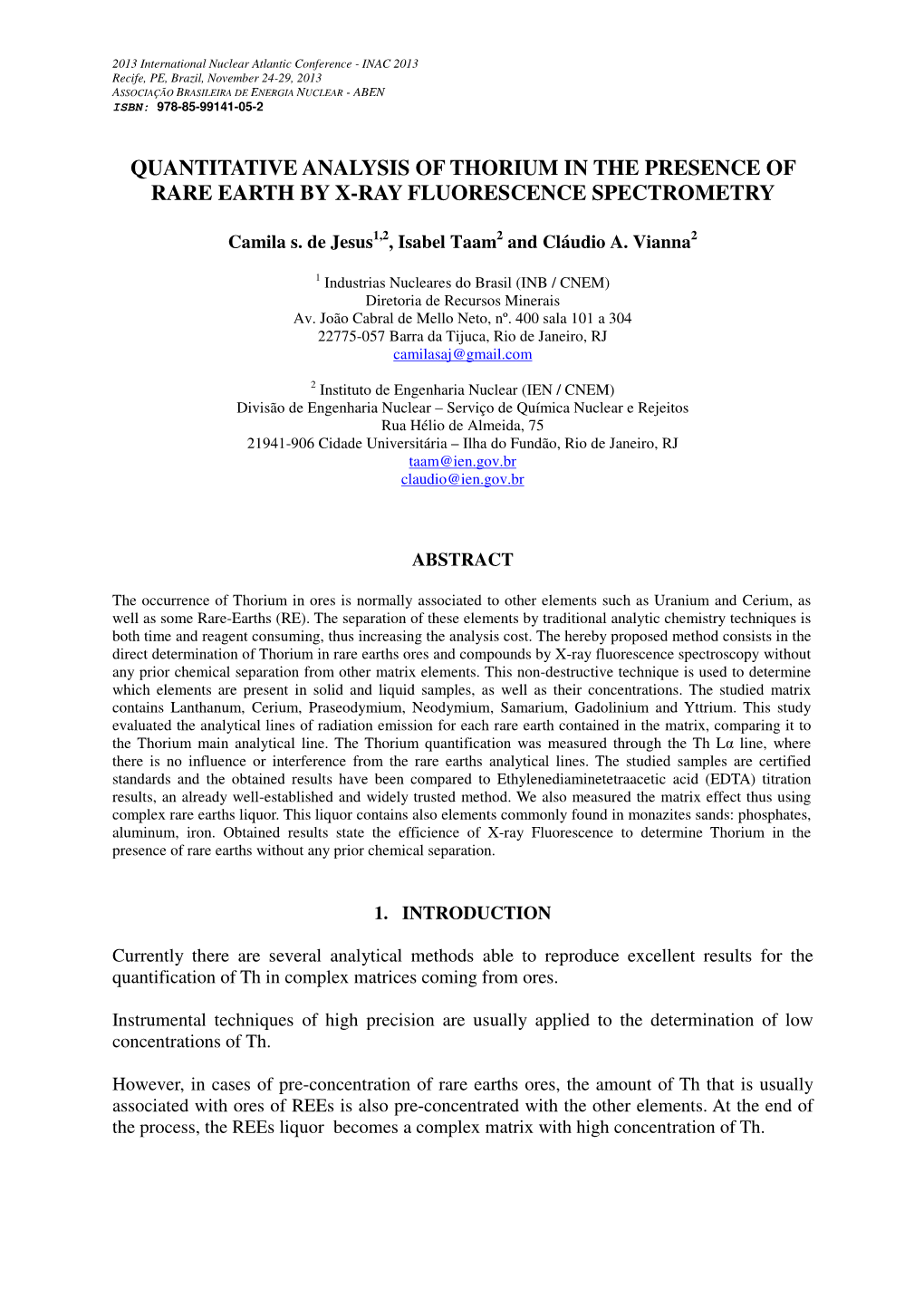 Quantitative Analysis of Thorium in the Presence of Rare Earth by X-Ray Fluorescence Spectrometry