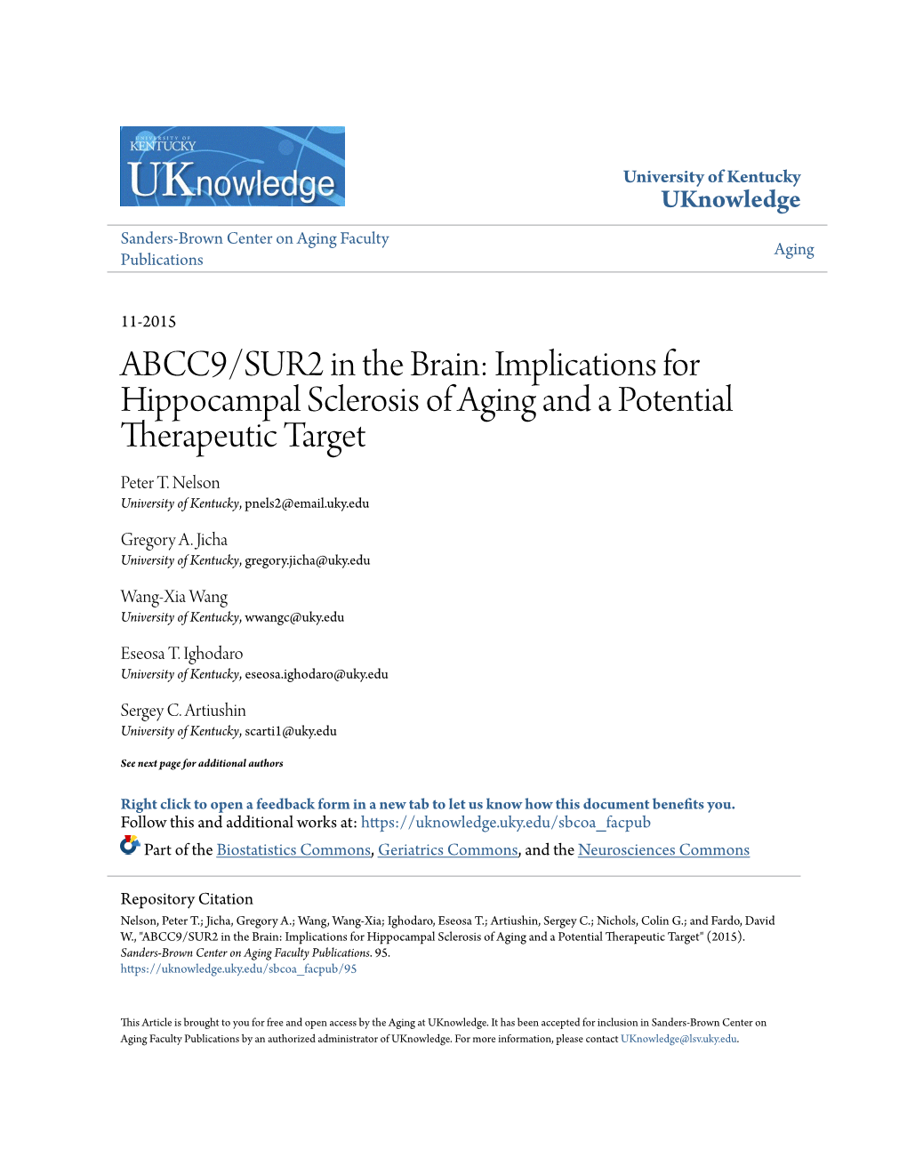 ABCC9/SUR2 in the Brain: Implications for Hippocampal Sclerosis of Aging and a Potential Therapeutic Target Peter T