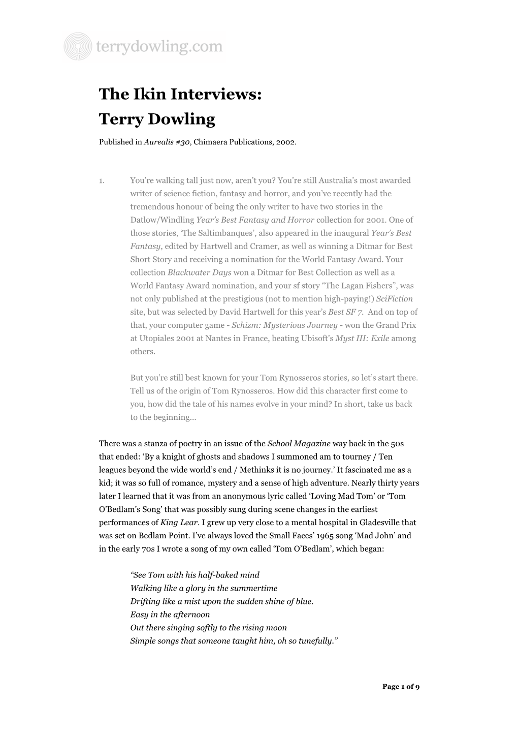 The Ikin Interviews: Terry Dowling