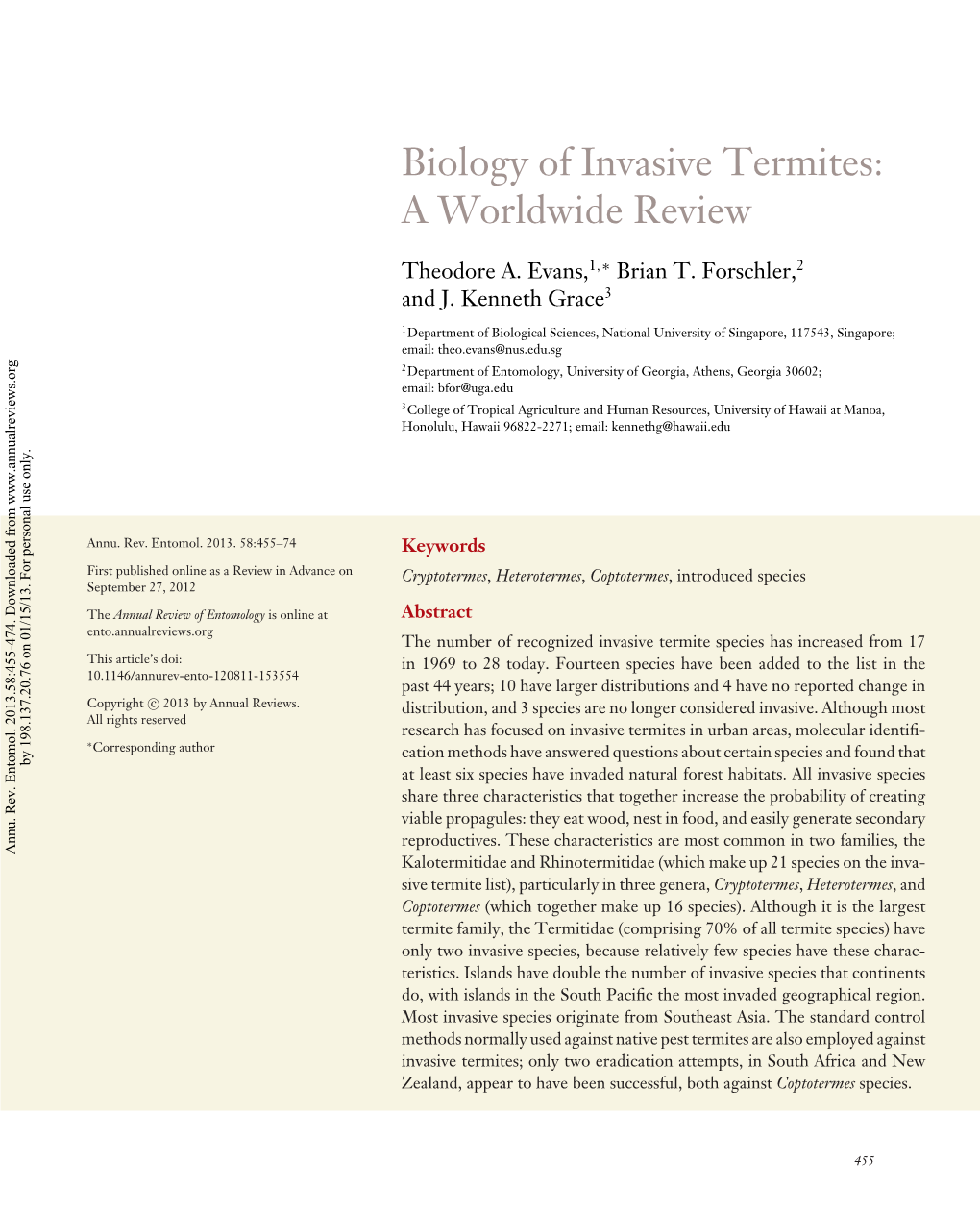 Biology of Invasive Termites: a Worldwide Review