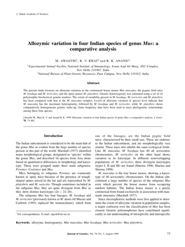 Allozymic Variation in Four Indian Species of Genus Mus:A Comparative Analysis