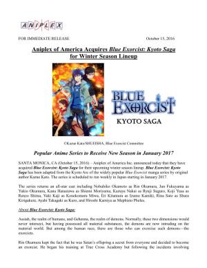 Aniplex of America Acquires Blue Exorcist: Kyoto Saga for Winter Season Lineup
