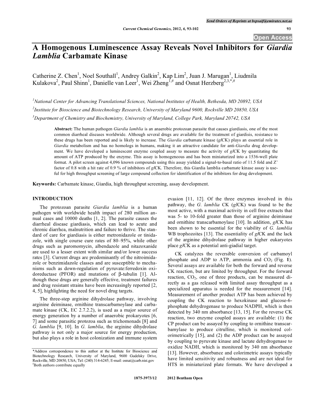 A Homogenous Luminescence Assay Reveals Novel Inhibitors for Giardia Lamblia Carbamate Kinase