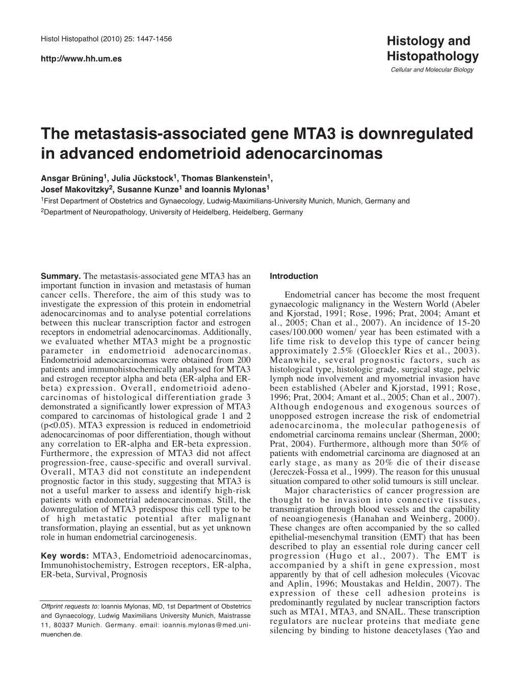 The Metastasis-Associated Gene MTA3 Is Downregulated In