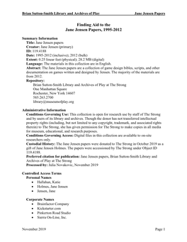Finding Aid to the Jane Jensen Papers, 1995-2012