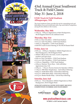 43Rd Annual Great Southwest Track & Field Classic May 31-June 2, 2018