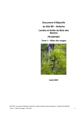 Ardèche Landes Et Forêts Du Bois Des Bartres FR 8201661 Tome 1 – Bilan Des Usages