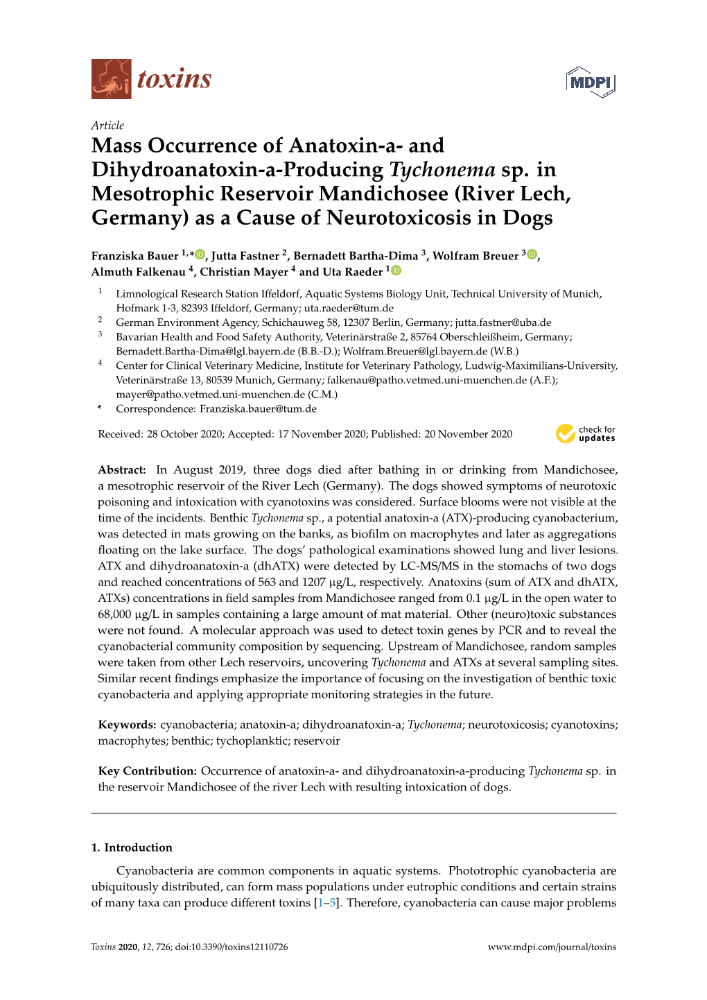 Mass Occurrence of Anatoxin-A- and Dihydroanatoxin-A-Producing Tychonema Sp