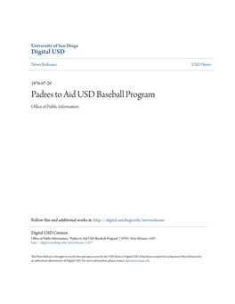 Padres to Aid USD Baseball Program Office of Publicnfor I Mation