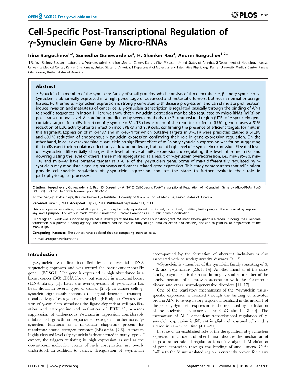 Cell-Specific Post-Transcriptional Regulation of C-Synuclein Gene by Micro-Rnas