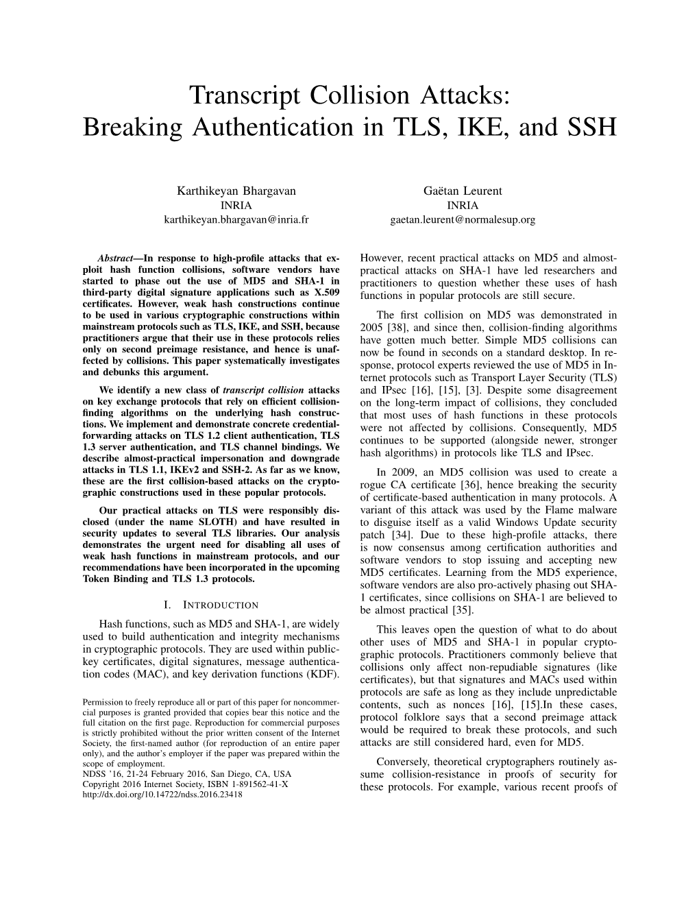 Transcript Collision Attacks: Breaking Authentication in TLS, IKE, and SSH