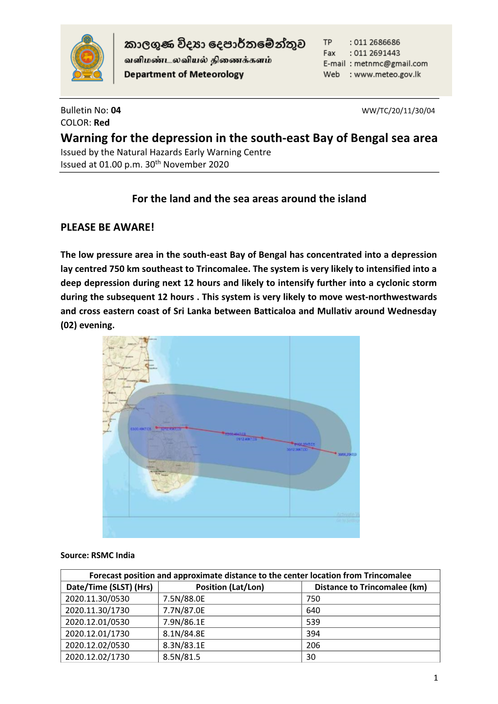 Warning for the Depression in the South-East Bay of Bengal Sea Area Issued by the Natural Hazards Early Warning Centre Issued at 01.00 P.M