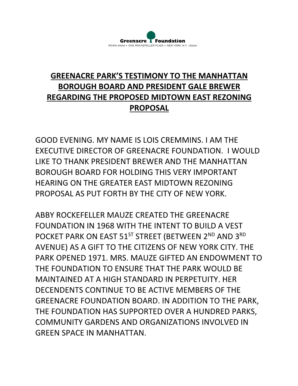 Greenacre Park's Testimony to the Manhattan Borough